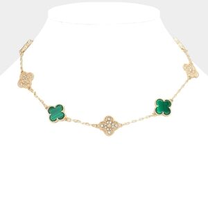 Green & Gold Crystal Quatrefoil Clover Chain Necklace Station Pendant Everyday